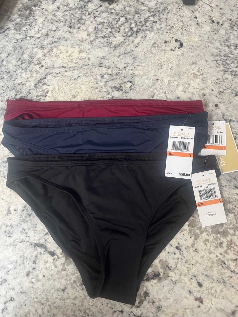 Michael Kors Bikini Bottoms Trio in Black, Navy, Wine